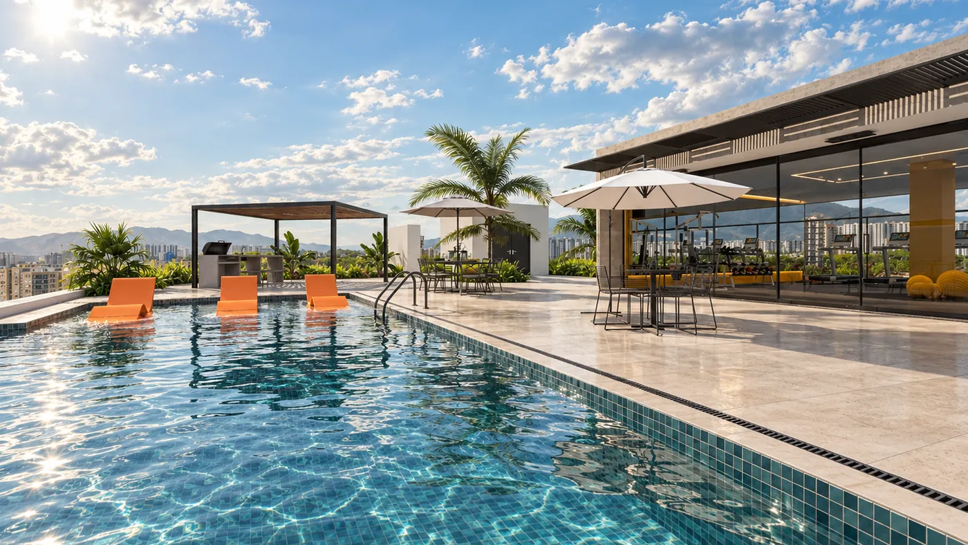 Terraza con piscina en la azotea de un edificio residencial, con vista a la ciudad y las montañas