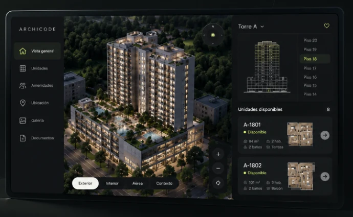 Plataforma Archicode: vista general de la torre, selector de pisos y unidades disponibles